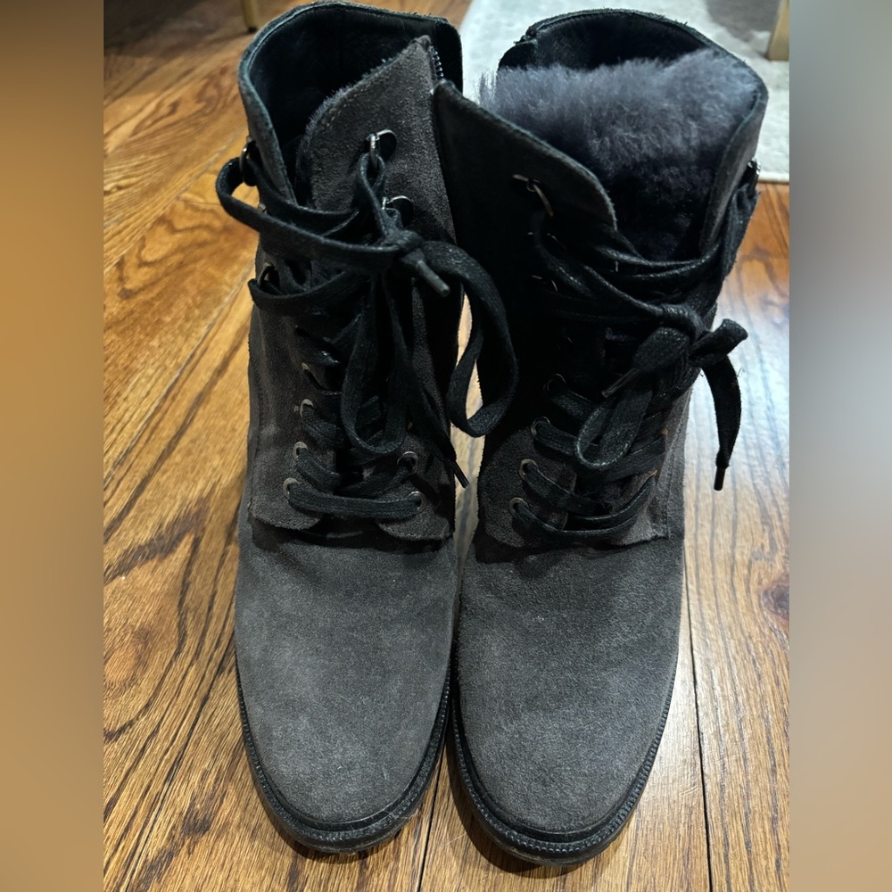 M gemi 4” heeled lace up suede bootie with shearling tounge. Charcoal